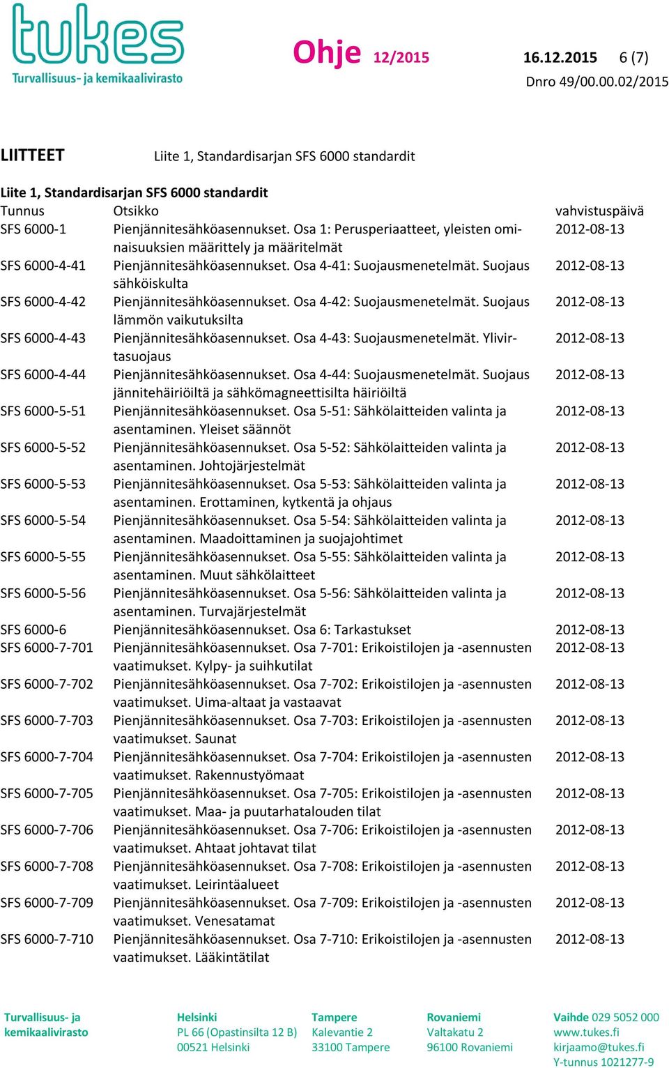 Suojaus sähköiskulta SFS 6000-4-42 Pienjännitesähköasennukset. Osa 4-42: Suojausmenetelmät. Suojaus lämmön vaikutuksilta SFS 6000-4-43 Pienjännitesähköasennukset. Osa 4-43: Suojausmenetelmät.