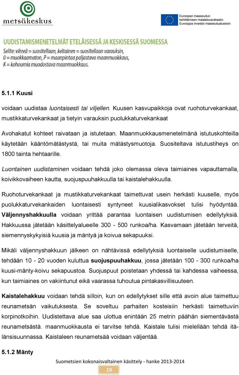 Maanmuokkausmenetelmänä istutuskohteilla käytetään kääntömätästystä, tai muita mätästysmuotoja. Suositeltava istutustiheys on 1800 tainta hehtaarille.