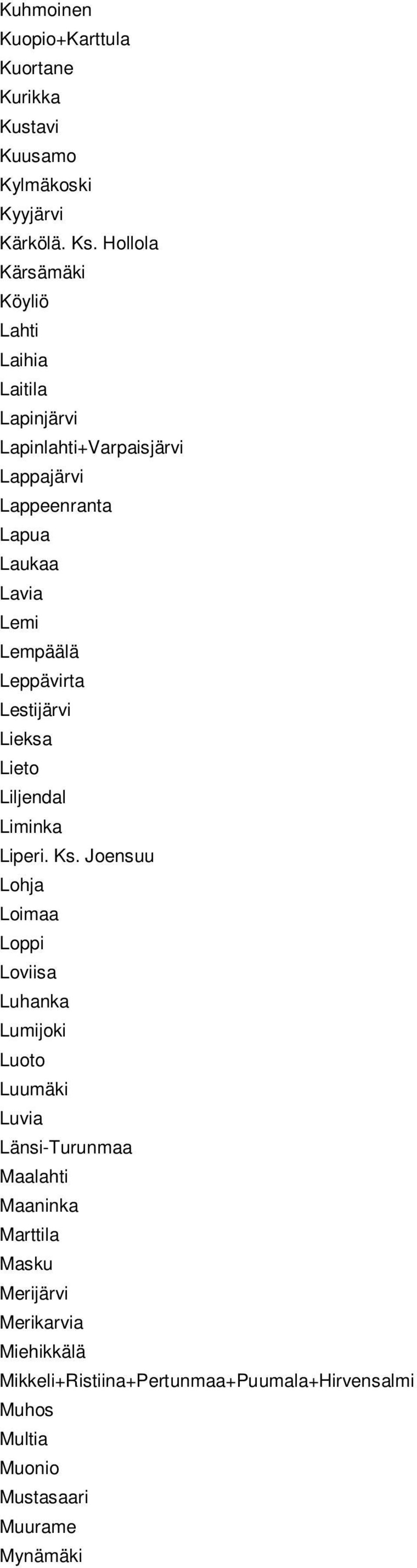 Lempäälä Leppävirta Lestijärvi Lieksa Lieto Liljendal Liminka Liperi. Ks.