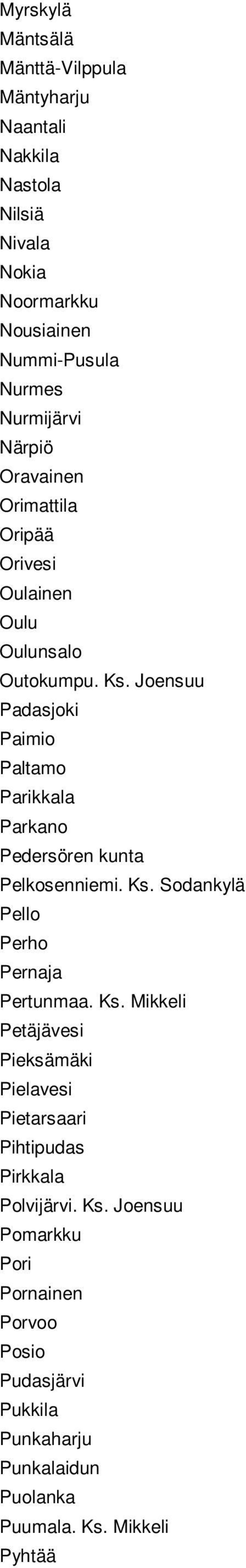 Joensuu Padasjoki Paimio Paltamo Parikkala Parkano Pedersören kunta Pelkosenniemi. Ks.