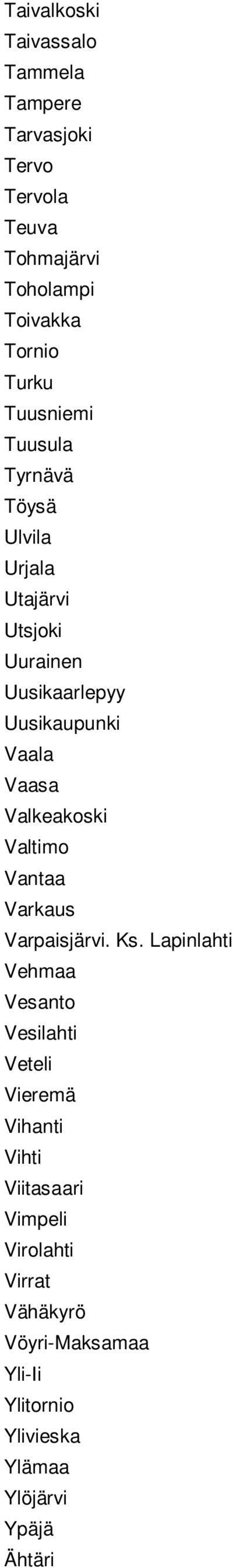 Valkeakoski Valtimo Vantaa Varkaus Varpaisjärvi. Ks.