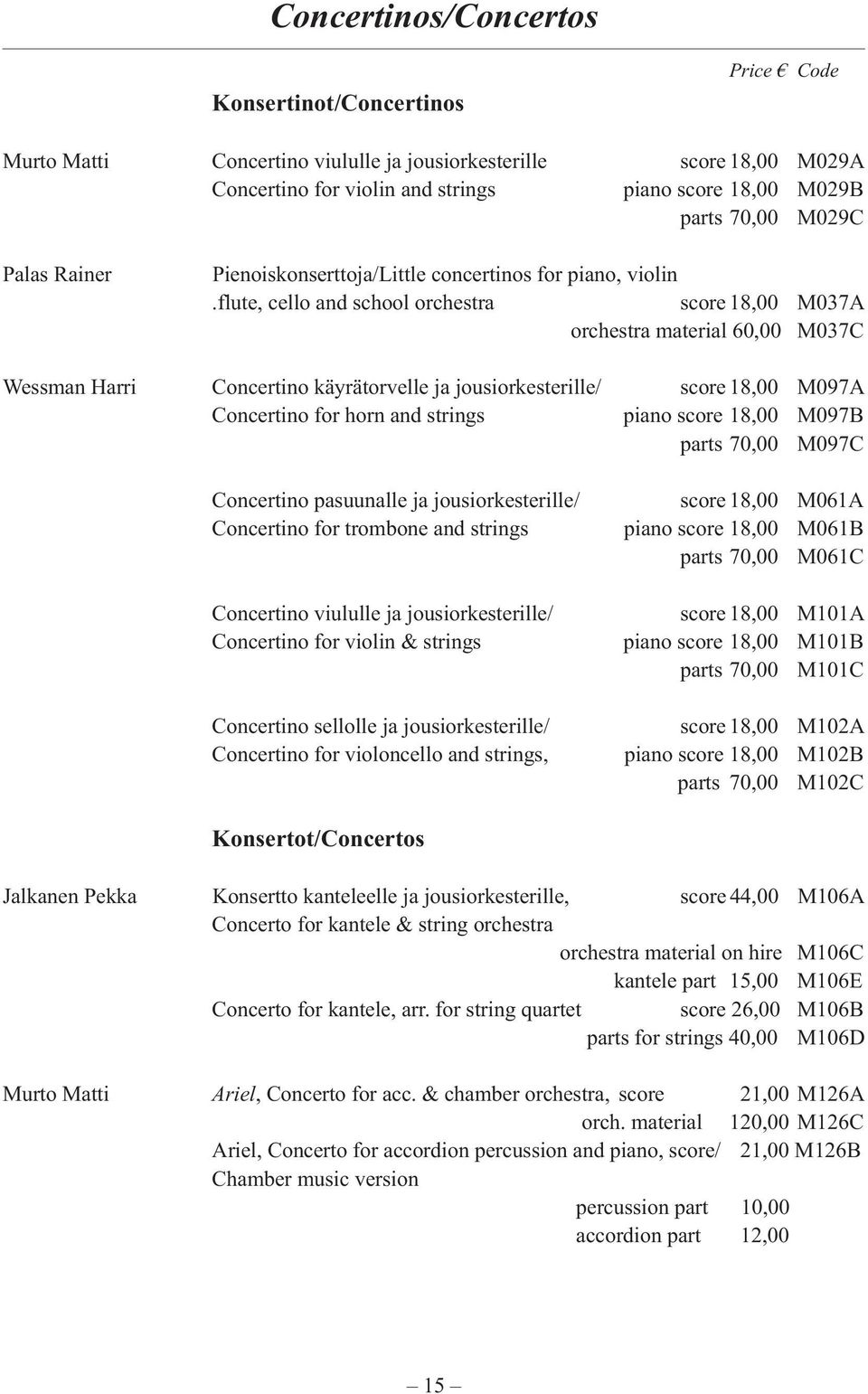 flute, cello and school orchestra score 18,00 M037A orchestra material 60,00 M037C Wessman Harri Concertino käyrätorvelle ja jousiorkesterille/ score 18,00 M097A Concertino for horn and strings piano