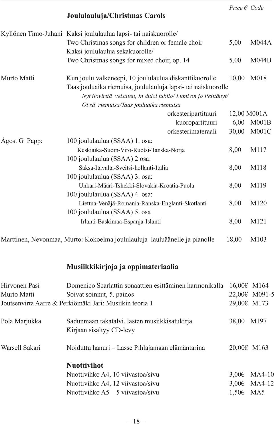 14 5,00 M044B Murto Matti Kun joulu valkeneepi, 10 joululaulua diskanttikuorolle 10,00 M018 Taas jouluaika riemuisa, joululauluja lapsi- tai naiskuorolle Nyt ilovirttä veisaten, In dulci jubilo/ Lumi