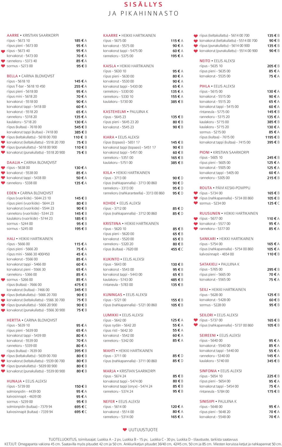 (kultaa) - 7618 00 korvakorut tappi (kultaa) - 7418 00 riipus (keltakullattu) - 5618 00 700 korvakorut (keltakullattu) - 5518 20 700 riipus (punakullattu) - 5618 00 900 korvakorut (punakullattu) -