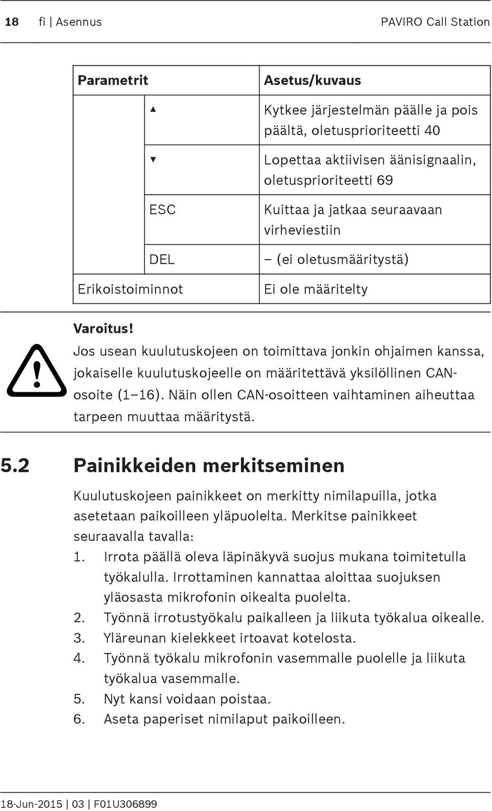Jos usean kuulutuskojeen on toimittava jonkin ohjaimen kanssa, jokaiselle kuulutuskojeelle on määritettävä yksilöllinen CANosoite (1 16).