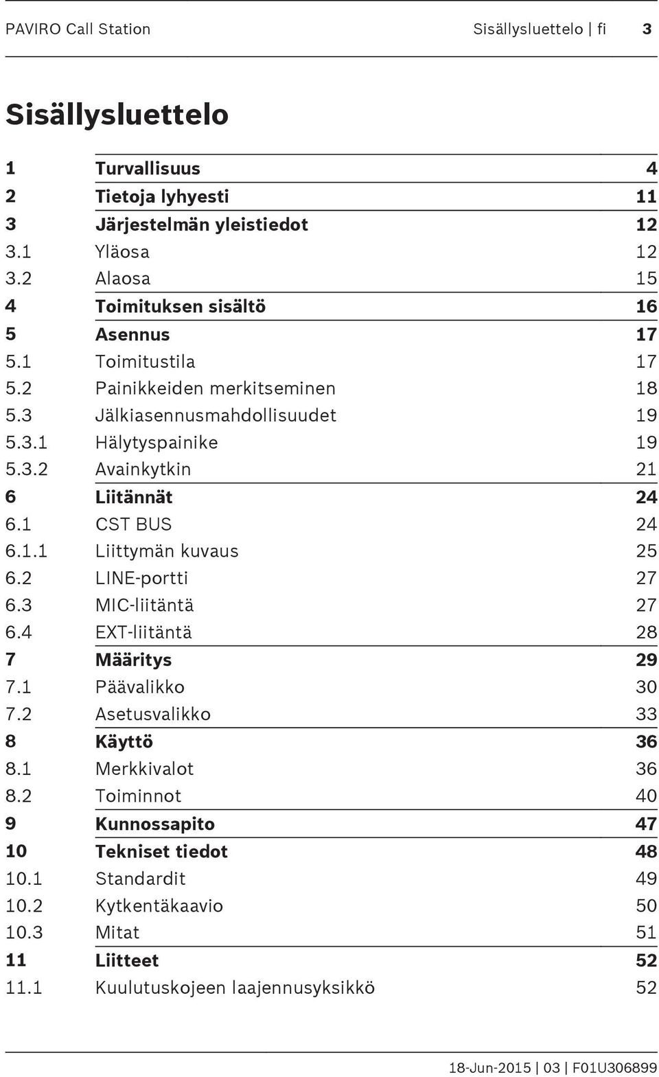 1 CST BUS 24 6.1.1 Liittymän kuvaus 25 6.2 LINE-portti 27 6.3 MIC-liitäntä 27 6.4 EXT-liitäntä 28 7 Määritys 29 7.1 Päävalikko 30 7.2 Asetusvalikko 33 8 Käyttö 36 8.