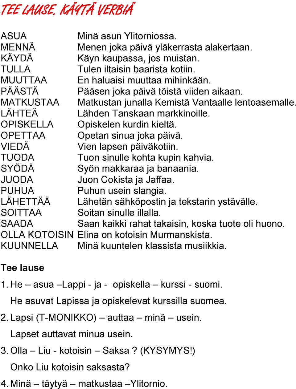 OPISKELLA Opiskelen kurdin kieltä. OPETTAA Opetan sinua joka päivä. VIEDÄ Vien lapsen päiväkotiin. TUODA Tuon sinulle kohta kupin kahvia. SYÖDÄ Syön makkaraa ja banaania. JUODA Juon Cokista ja Jaffaa.