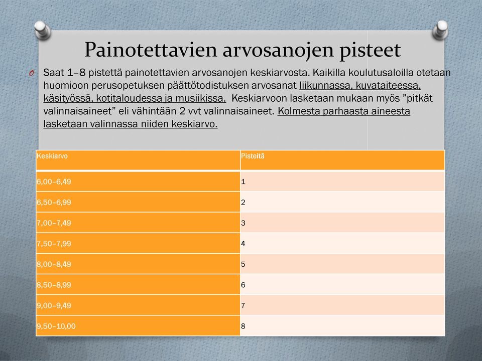 kotitaloudessa ja musiikissa. Keskiarvoon lasketaan mukaan myös pitkät valinnaisaineet eli vähintään 2 vvt valinnaisaineet.