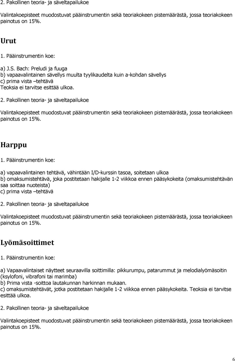 saa soittaa nuoteista) c) prima vista tehtävä Lyömäsoittimet a) Vapaavalintaiset näytteet seuraavilla soittimilla: pikkurumpu, patarummut ja melodialyömäsoitin (ksylofoni,