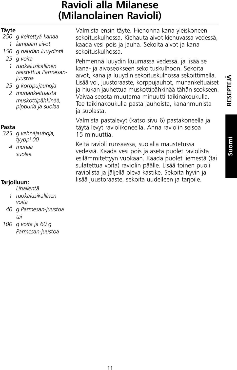 Parmesan-juustoa Valmista ensin täyte. Hienonna kana yleiskoneen sekoituskulhossa. Kiehauta aivot kiehuvassa vedessä, kaada vesi pois ja jauha. Sekoita aivot ja kana sekoituskulhossa.