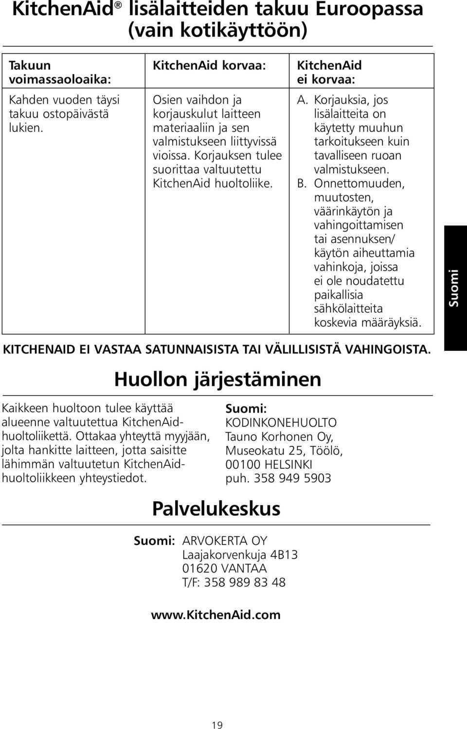 Korjauksia, jos lisälaitteita on käytetty muuhun tarkoitukseen kuin tavalliseen ruoan valmistukseen. B.