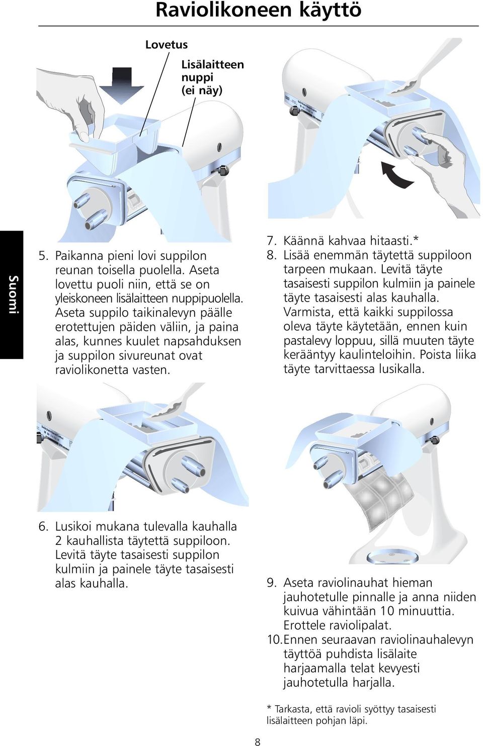 Aseta suppilo taikinalevyn päälle erotettujen päiden väliin, ja paina alas, kunnes kuulet napsahduksen ja suppilon sivureunat ovat raviolikonetta vasten. 7. Käännä kahvaa hitaasti.* 8.