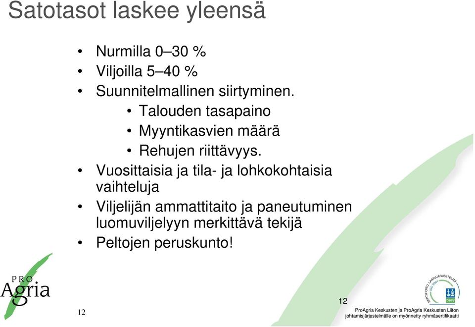 Talouden tasapaino Myyntikasvien määrä Rehujen riittävyys.