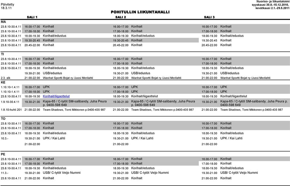 3. alk 21.00-22.00 Wanhat Sportti Bojat ry /Jussi Merilahti 21.00-22.00 Wanhat Sportti Bojat ry /Jussi Merilahti 21.00-22.00 Wanhat Sportti Bojat ry /Jussi Merilahti KE 1.10.10-1.4.11 16.00-17.