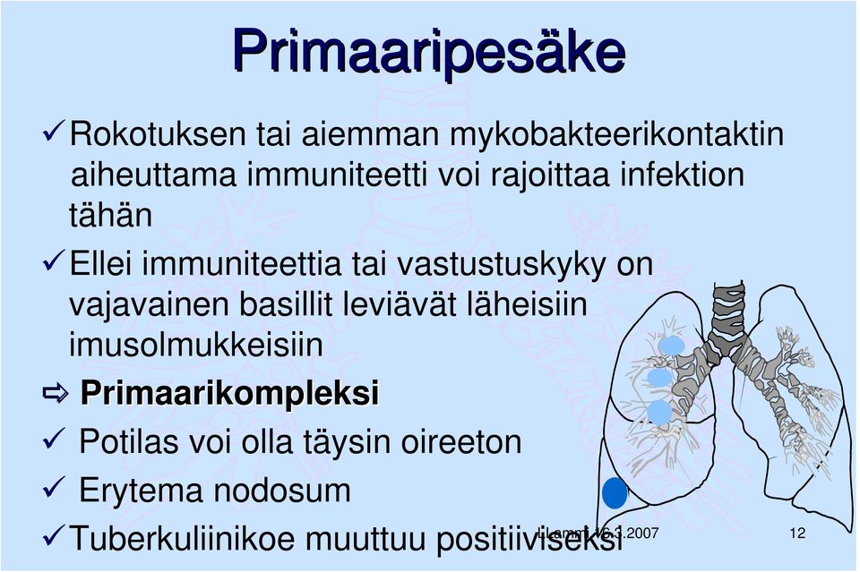 basillit leviävät läheisiin imusolmukkeisiin Primaarikompleksi Potilas voi olla