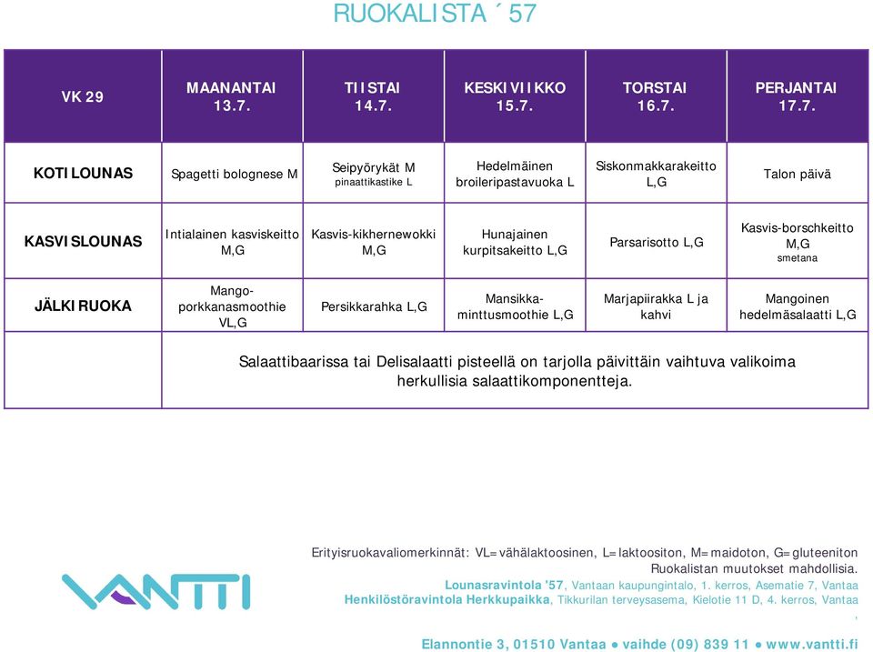 14.7. 15.7. 16.7. 17.7. Spagetti bolognese M Seipyörykät M pinaattikastike Hedelmäinen broileripastavuoka Siskonmakkarakeitto Talon päivä