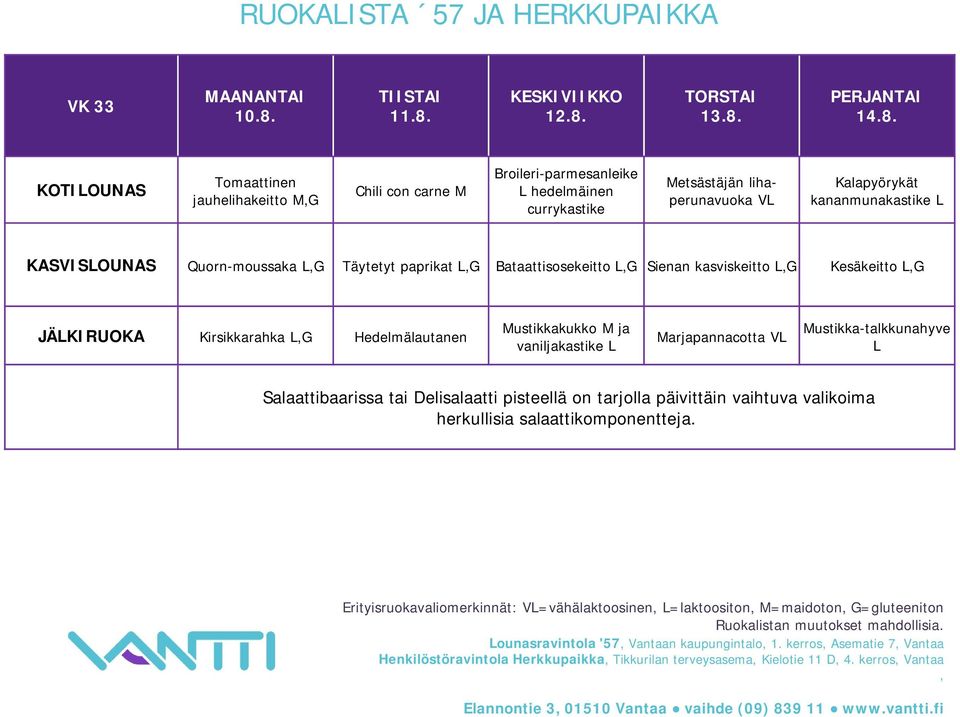 lihaperunavuoka V Kalapyörykät kananmunakastike Quorn-moussaka Täytetyt paprikat Bataattisosekeitto Sienan kasviskeitto Kesäkeitto JÄKIRUOKA