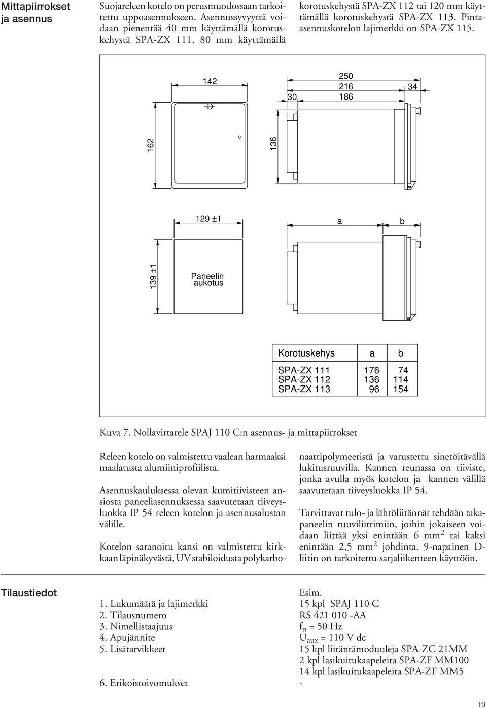 Pintaasennuskotelon lajimerkki on SPA-ZX 115. 142 30 250 216 186 34 129 ±1 162 136 a b 139 ±1 Paneelin aukotus Korotuskehys SPA-ZX 111 SPA-ZX 112 SPA-ZX 113 a 176 136 96 b 74 114 154 Kuva 7.