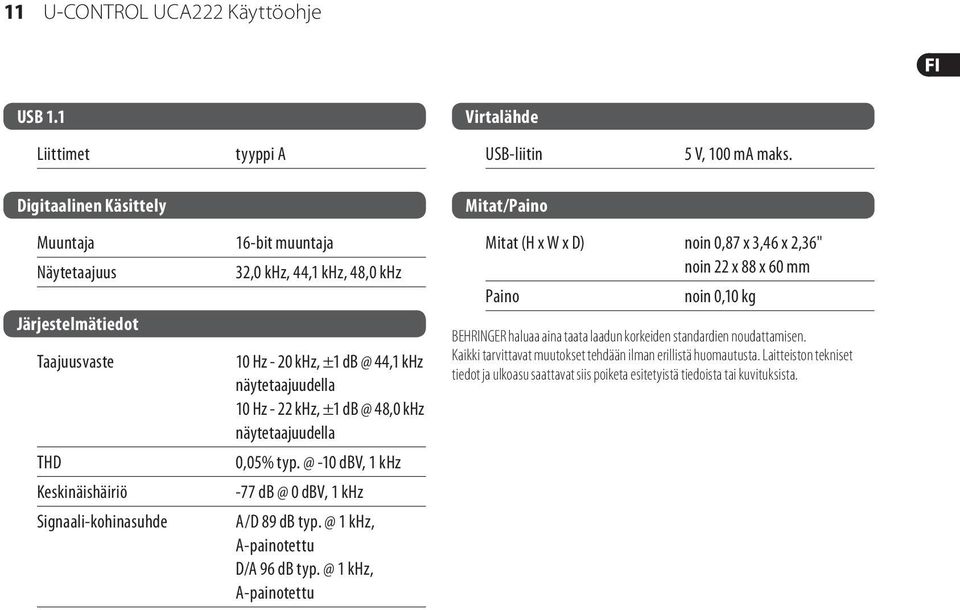 näytetaajuudella 10 Hz - 22 khz, ±1 db @ 48,0 khz näytetaajuudella 0,05% typ. @ -10 dbv, 1 khz -77 db @ 0 dbv, 1 khz A/D 89 db typ. @ 1 khz, A-painotettu D/A 96 db typ.