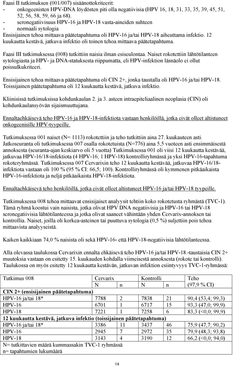 12 kuukautta kestävä, jatkuva infektio oli toinen tehoa mittaava päätetapahtuma. Faasi III tutkimuksessa (008) tutkittiin naisia ilman esiseulontaa.