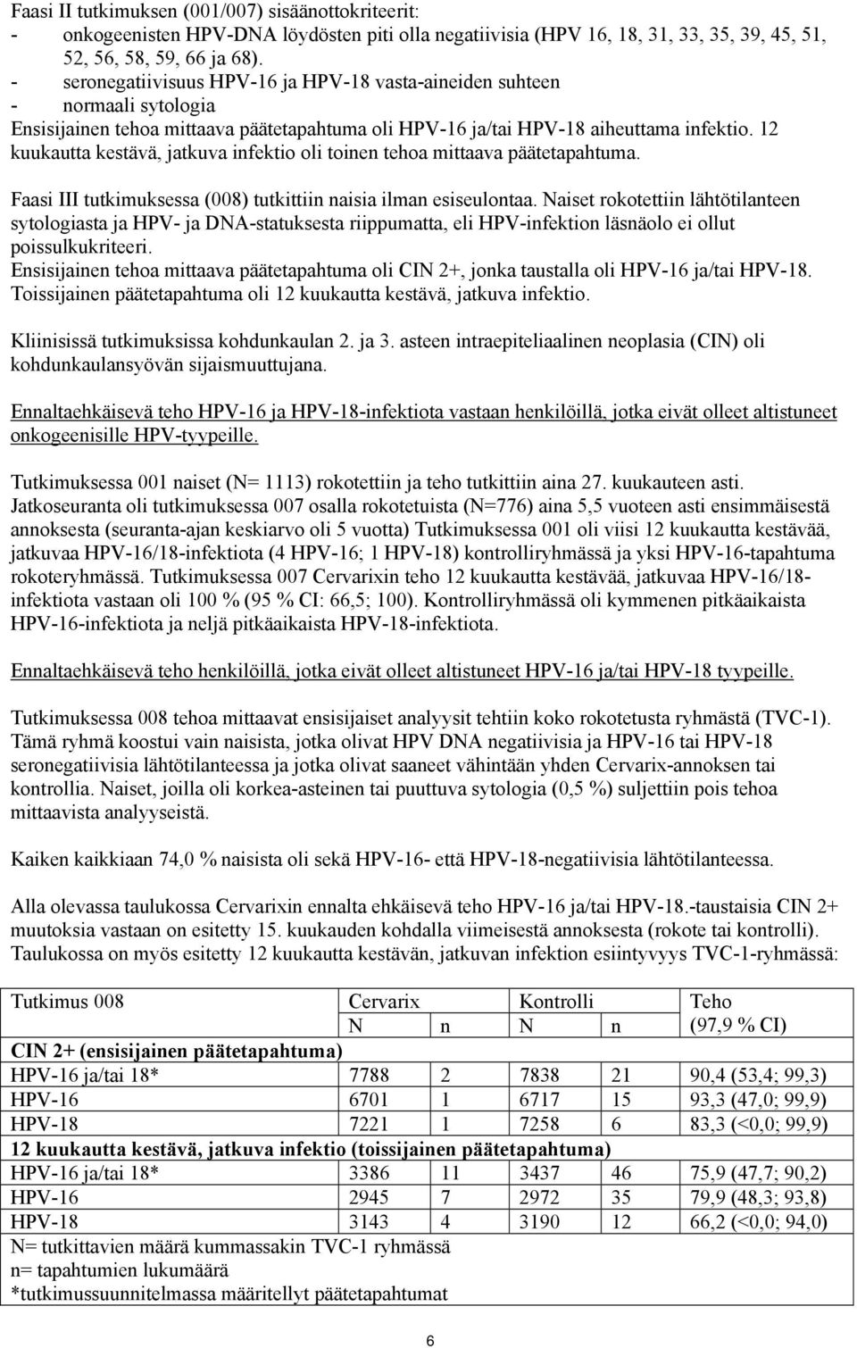 12 kuukautta kestävä, jatkuva infektio oli toinen tehoa mittaava päätetapahtuma. Faasi III tutkimuksessa (008) tutkittiin naisia ilman esiseulontaa.