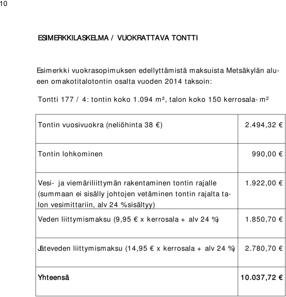 494,32 Tontin lohkominen 990,00 Vesi- ja viemäriliittymän rakentaminen tontin rajalle (summaan ei sisälly johtojen vetäminen tontin rajalta talon