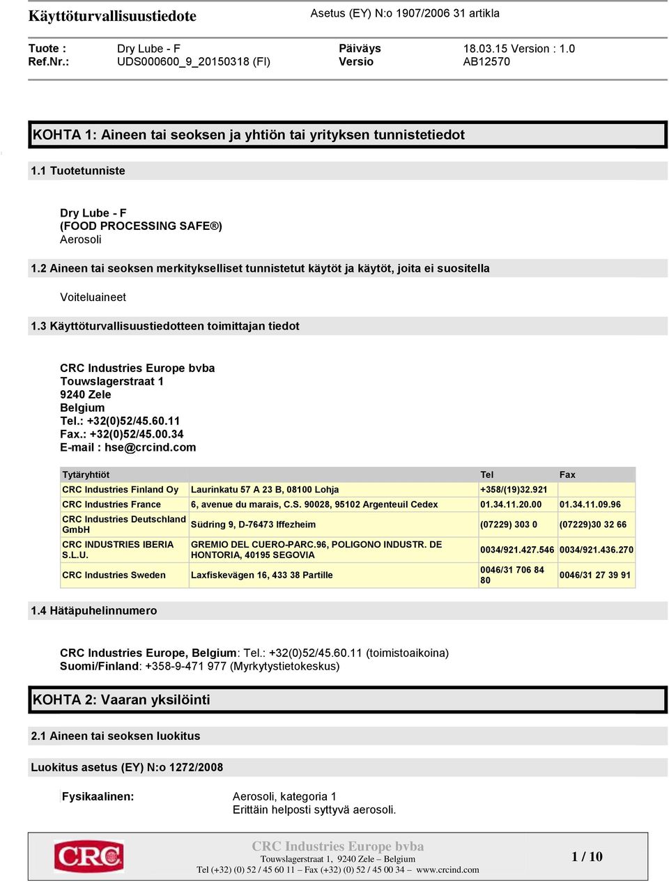 : +32(0)52/45.60.11 Fax.: +32(0)52/45.00.34 E-mail : hse@crcind.com Tytäryhtiöt Tel Fax CRC Industries Finland Oy Laurinkatu 57 A 23 B, 08100 Lohja +358/(19)32.