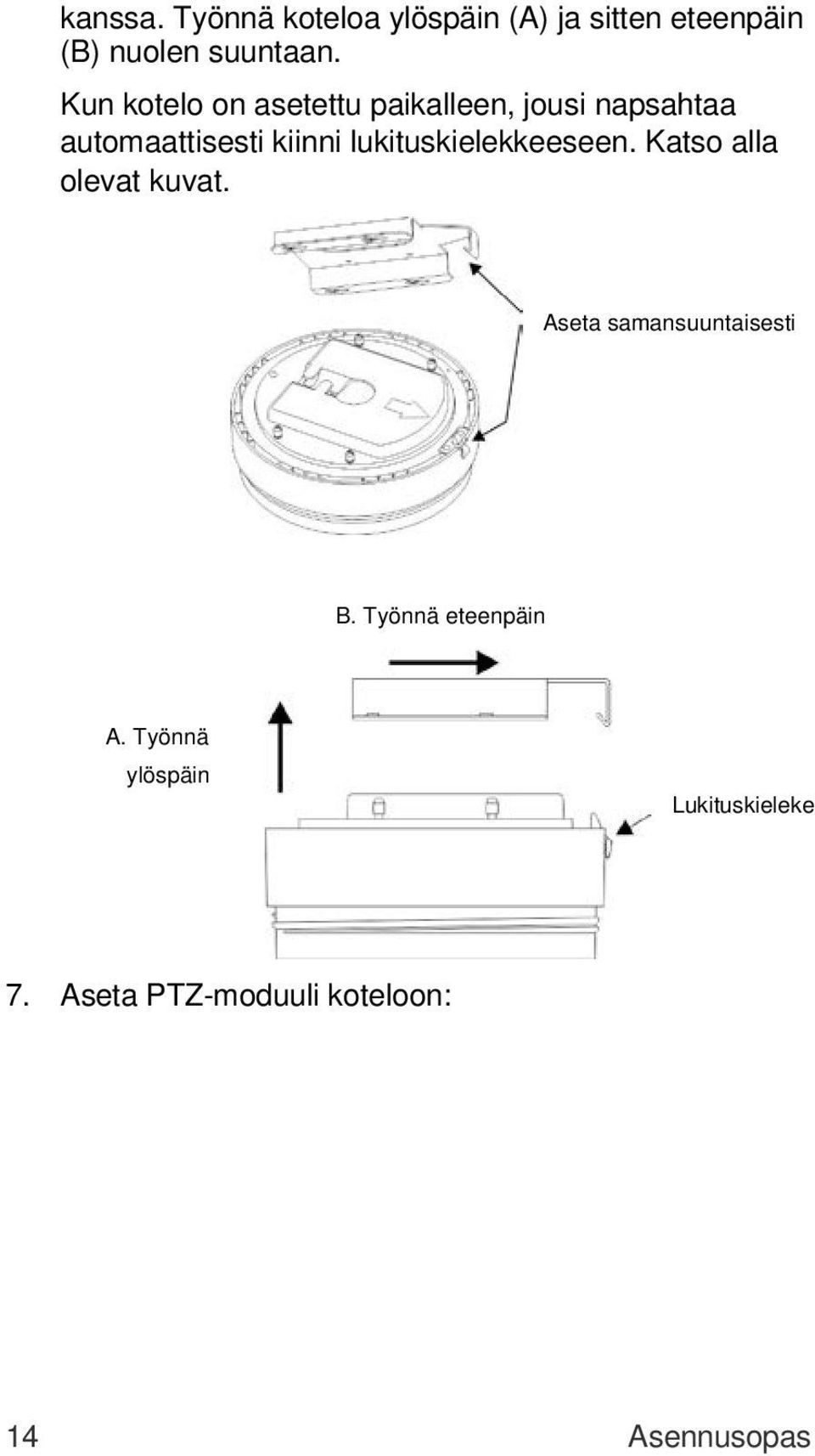 lukituskielekkeeseen. Katso alla olevat kuvat. Aseta samansuuntaisesti B.