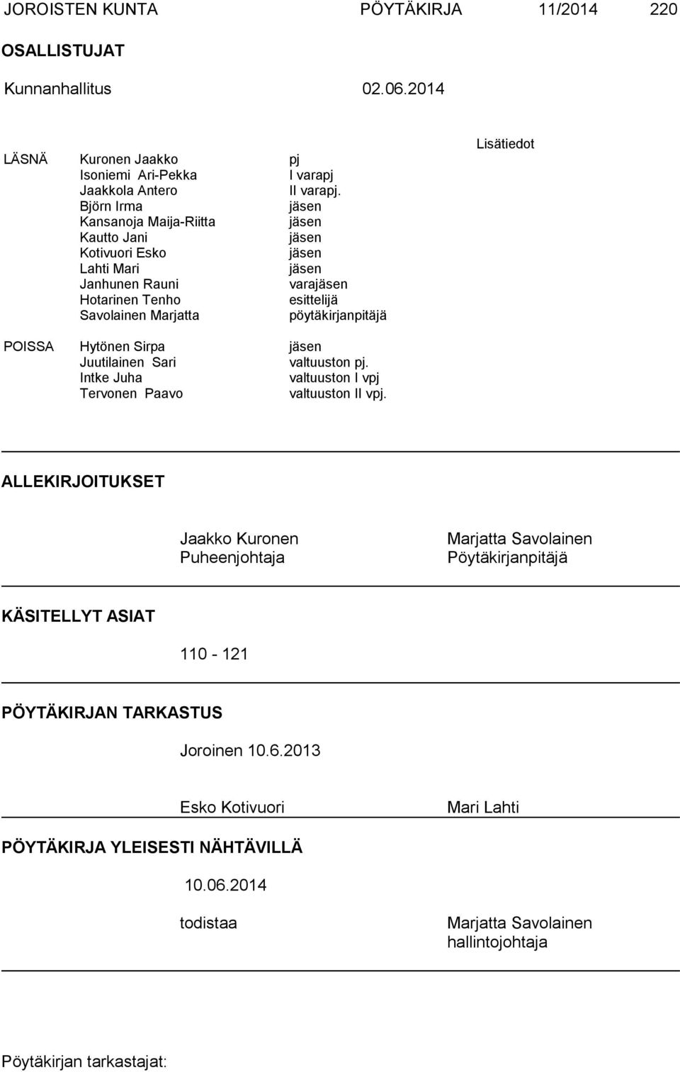 pöytäkirjanpitäjä Lisätiedot POISSA Hytönen Sirpa jäsen Juutilainen Sari valtuuston pj. Intke Juha valtuuston I vpj Tervonen Paavo valtuuston II vpj.