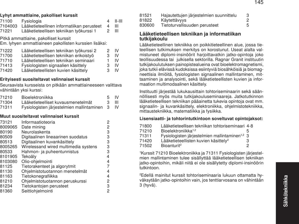 lyhyen ammattiaineen pakollisten kurssien lisäksi: 71222 Lääketieteellisen tekniikan työkurssi 2 2 IV 71700 Lääketieteellisen tekniikan erikoistyö 3 IV 71710 Lääketieteellisen tekniikan seminaari 1