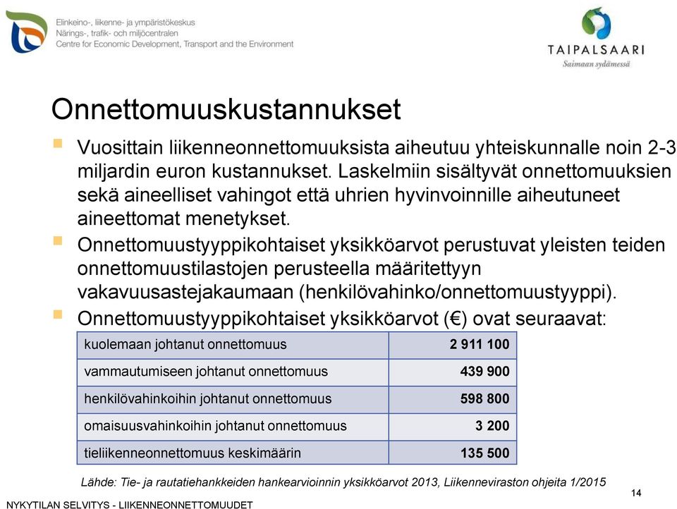 Onnettomuustyyppikohtaiset yksikköarvot perustuvat yleisten teiden onnettomuustilastojen perusteella määritettyyn vakavuusastejakaumaan (henkilövahinko/onnettomuustyyppi).