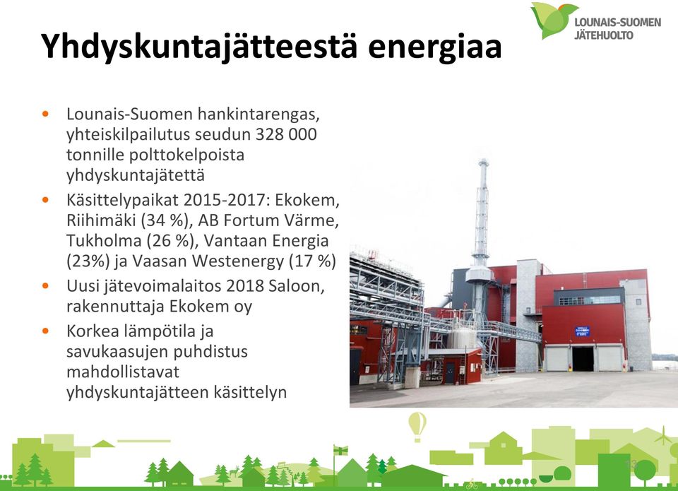 Tukholma (26 %), Vantaan Energia (23%) ja Vaasan Westenergy (17 %) Uusi jätevoimalaitos 2018 Saloon,