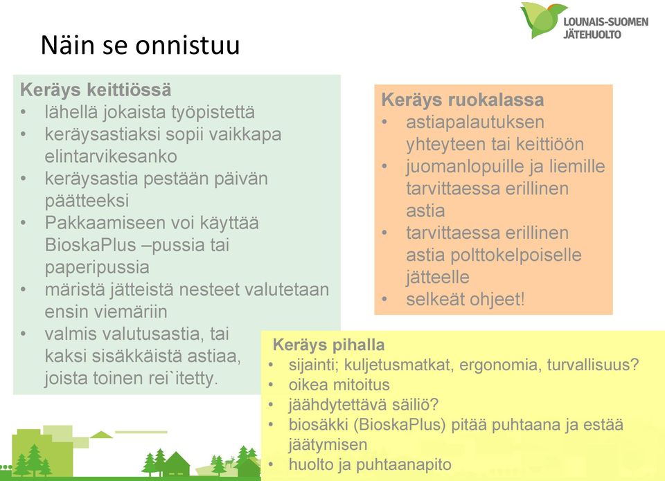 Keräys ruokalassa astiapalautuksen yhteyteen tai keittiöön juomanlopuille ja liemille tarvittaessa erillinen astia tarvittaessa erillinen astia polttokelpoiselle jätteelle