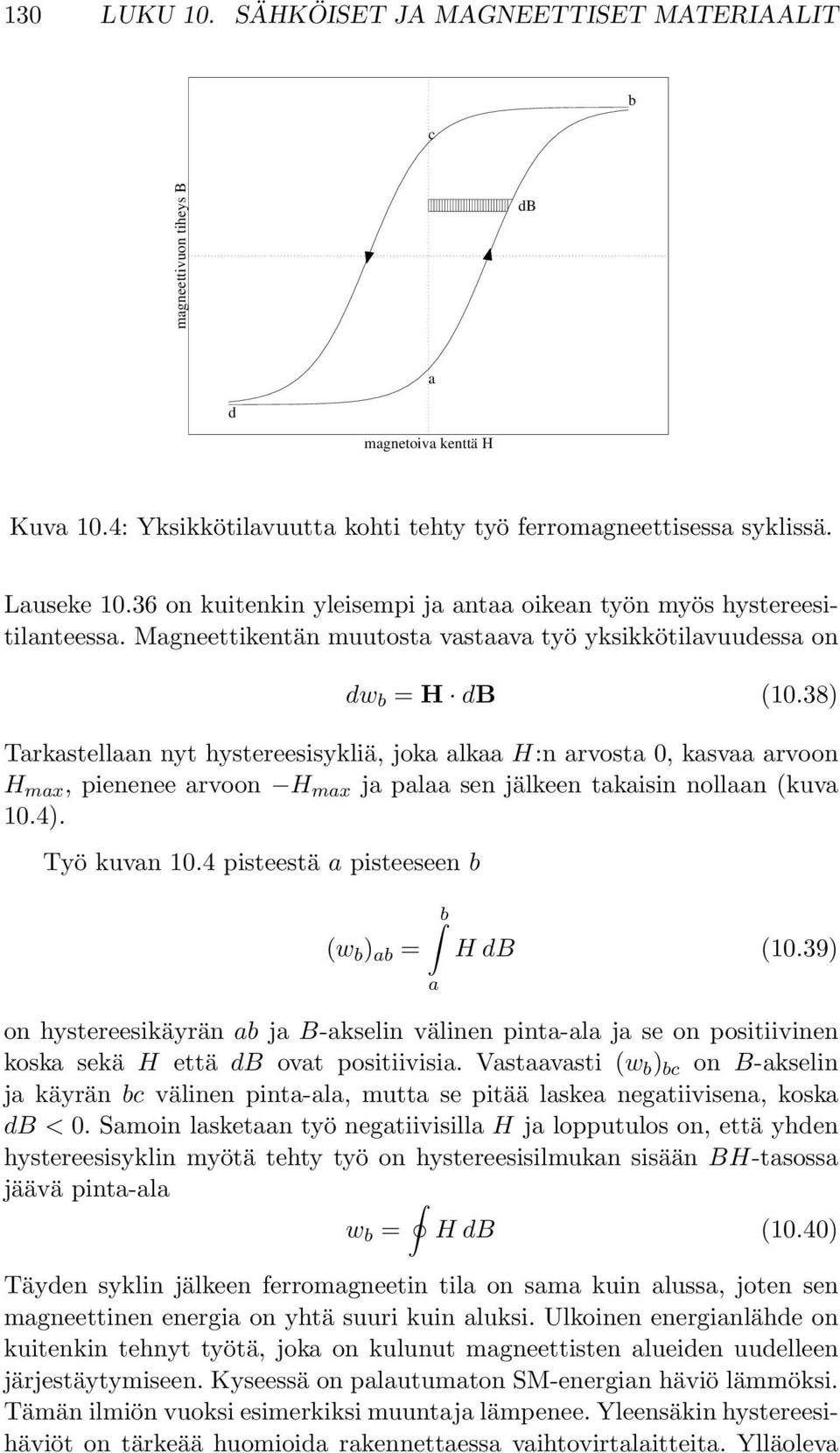 38) Tarkastellaan nyt hystereesisykliä, joka alkaa H:n arvosta 0, kasvaa arvoon H max, pienenee arvoon H max ja palaa sen jälkeen takaisin nollaan (kuva 10.4). Työ kuvan 10.