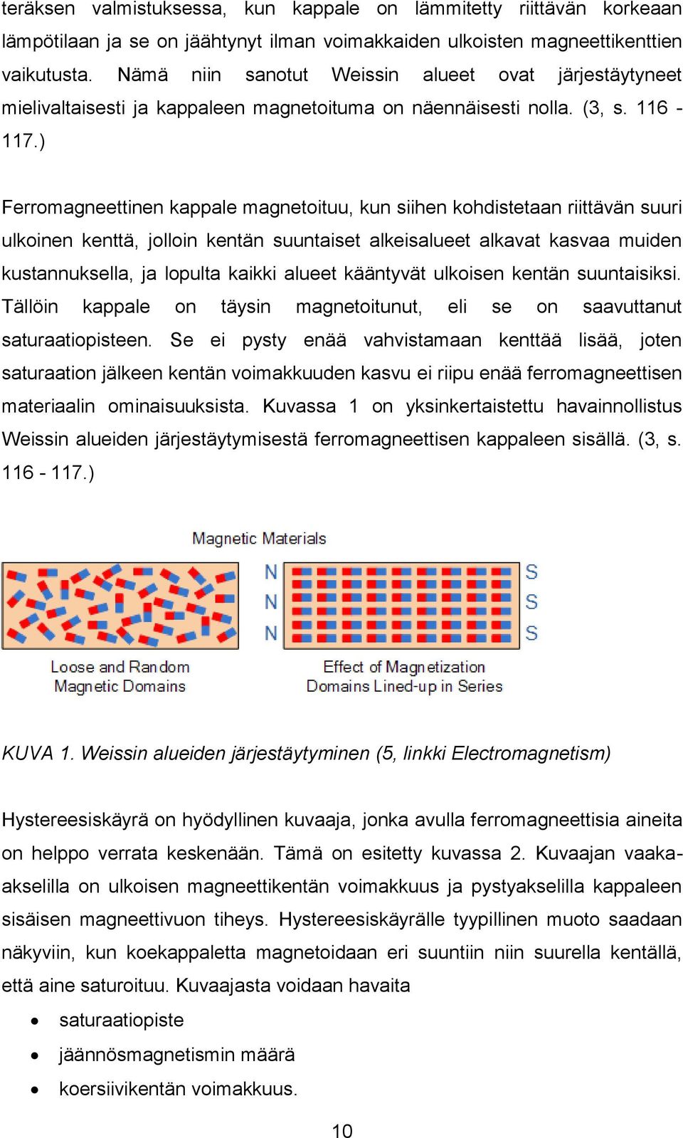 ) Ferromagneettinen kappale magnetoituu, kun siihen kohdistetaan riittävän suuri ulkoinen kenttä, jolloin kentän suuntaiset alkeisalueet alkavat kasvaa muiden kustannuksella, ja lopulta kaikki alueet