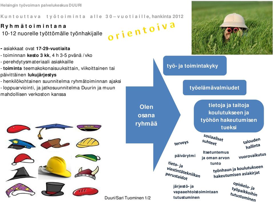 päivittäinen lukujärjestys - henkilökohtainen suunnitelma ryhmätoiminnan ajaksi - loppuarviointi, ja jatkosuunnitelma Duurin ja muun mahdollisen verkoston kanssa työ- ja toimintakyky