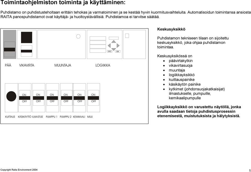 Keskusyksikkö Puhdistamon tekniseen tilaan on sijoitettu keskusyksikkö, joka ohjaa puhdistamon toimintaa.