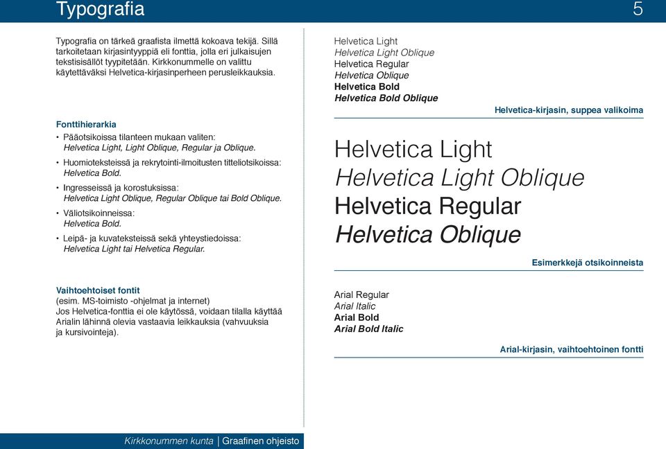 Huomioteksteissä ja rekrytointi-ilmoitusten titteliotsikoissa: Helvetica Bold. Ingresseissä ja korostuksissa: Helvetica Light Oblique, Regular Oblique tai Bold Oblique.