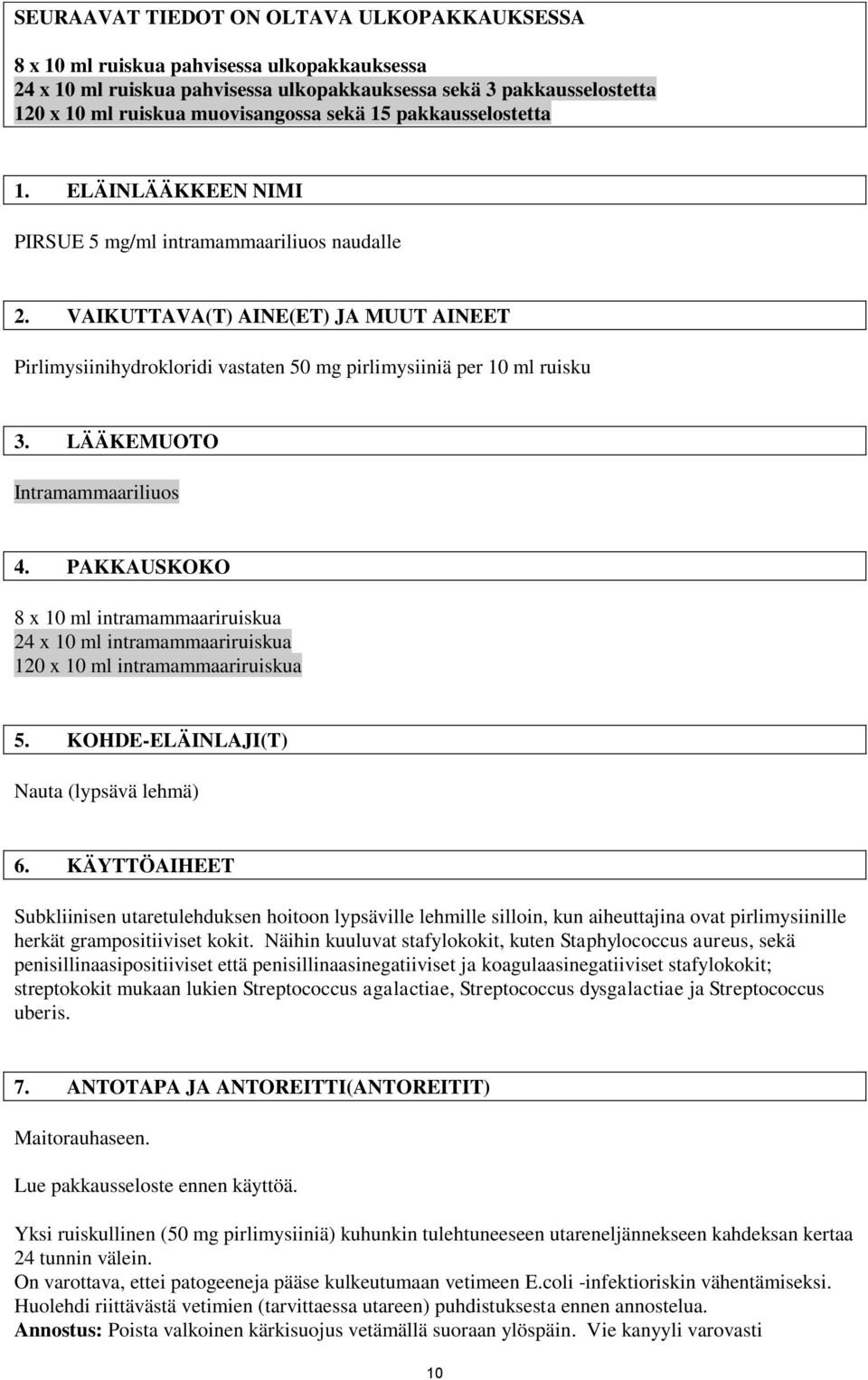 VAIKUTTAVA(T) AINE(ET) JA MUUT AINEET Pirlimysiinihydrokloridi vastaten 50 mg pirlimysiiniä per 10 ml ruisku 3. LÄÄKEMUOTO Intramammaariliuos 4.