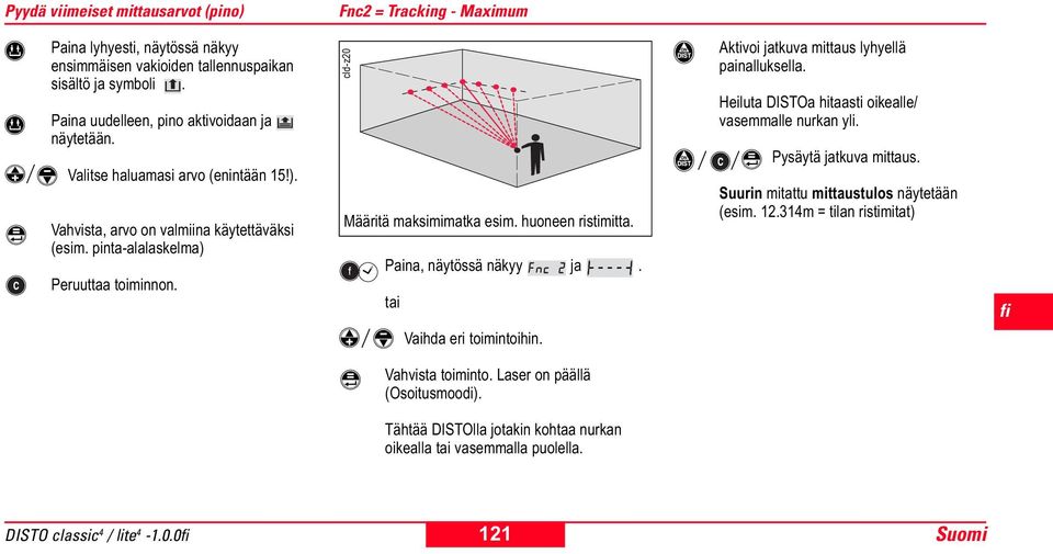 cld-z20 Määritä maksimimatka esim. huoneen ristimitta. Paina, näytössä näkyy ja. tai Aktivoi jatkuva mittaus lyhyellä painalluksella. Heiluta DISTOa hitaasti oikealle/ vasemmalle nurkan yli.