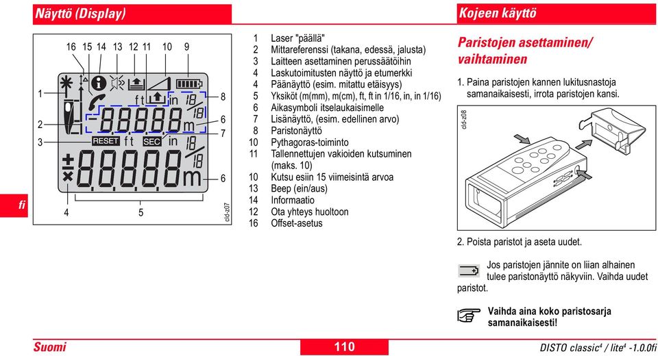 edellinen arvo) 8 Paristonäyttö 10 Pythagoras-toiminto 11 Tallennettujen vakioiden kutsuminen (maks.