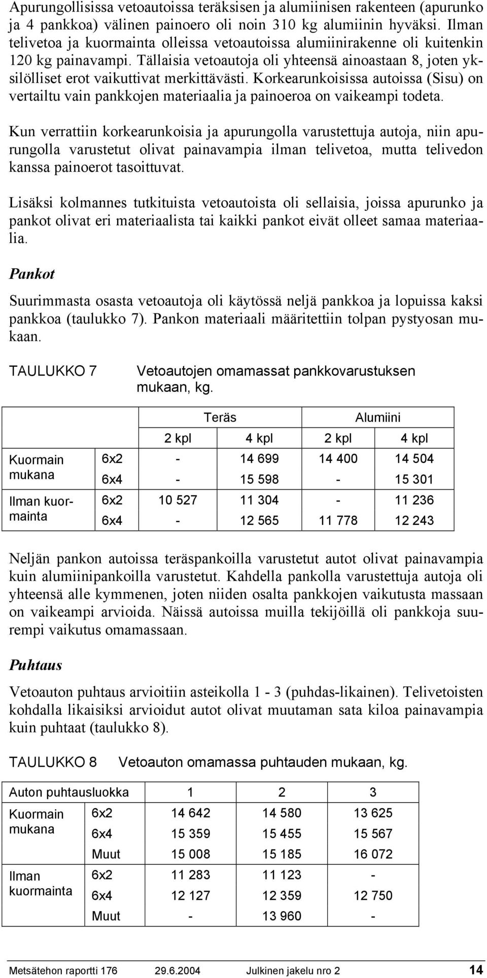 Korkearunkoisissa autoissa (Sisu) on vertailtu vain pankkojen materiaalia ja painoeroa on vaikeampi todeta.