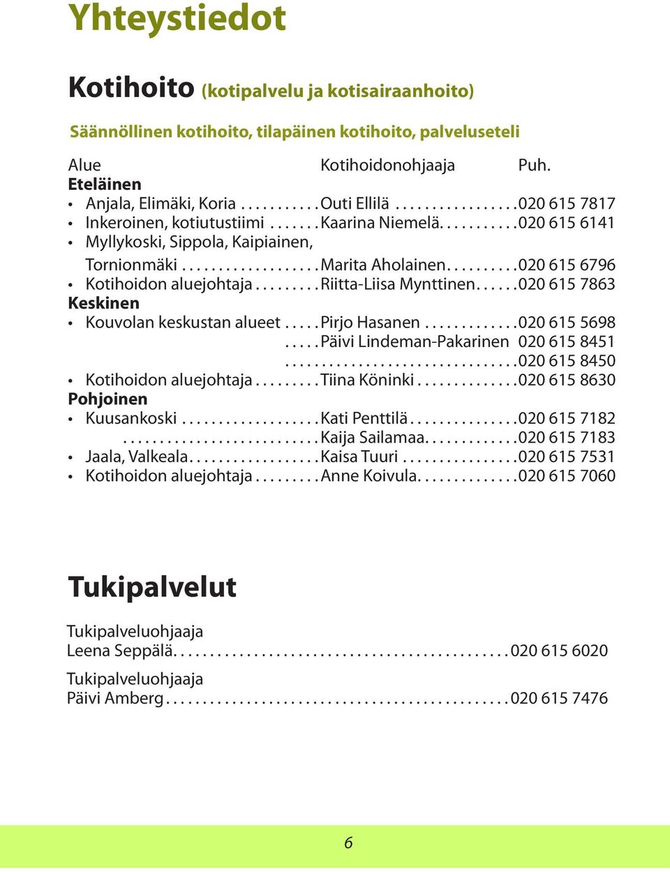 ..020 615 7863 Keskinen Kouvolan keskustan alueet...pirjo Hasanen...020 615 5698...Päivi Lindeman-Pakarinen 020 615 8451................................020 615 8450 Kotihoidon aluejohtaja.