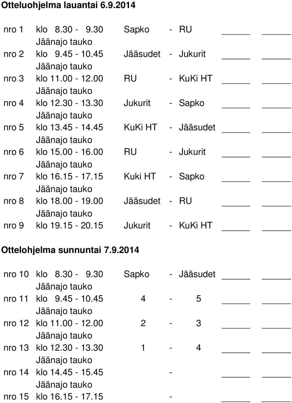 00 RU - Jukurit Jäänajo tauko nro 7 klo 16.15-17.15 Kuki HT - Sapko Jäänajo tauko nro 8 klo 18.00-19.00 Jääsudet - RU Jäänajo tauko nro 9 klo 19.15-20.