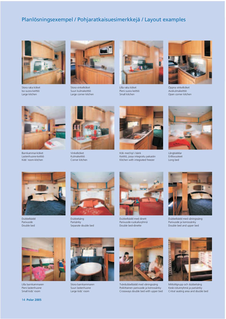 Keiittö, jossa integroitu pakastin Kitchen with integrated freezer Långbäddar Erillisvuoteet Long bed Dubbelbädd Parivuode Double bed Dubbelsäng Parisänky Separate double bed Dubbelbädd med dinett
