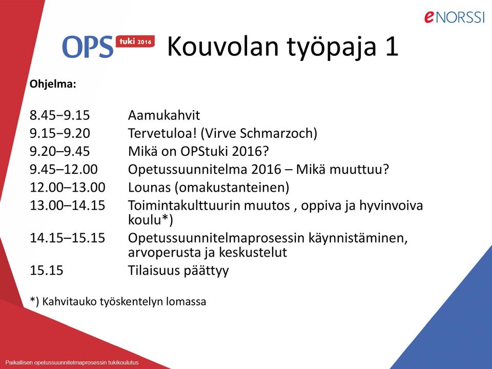 00 Lounas (omakustanteinen) 13.00 14.15 Toimintakulttuurin muutos, oppiva ja hyvinvoiva koulu*) 14.