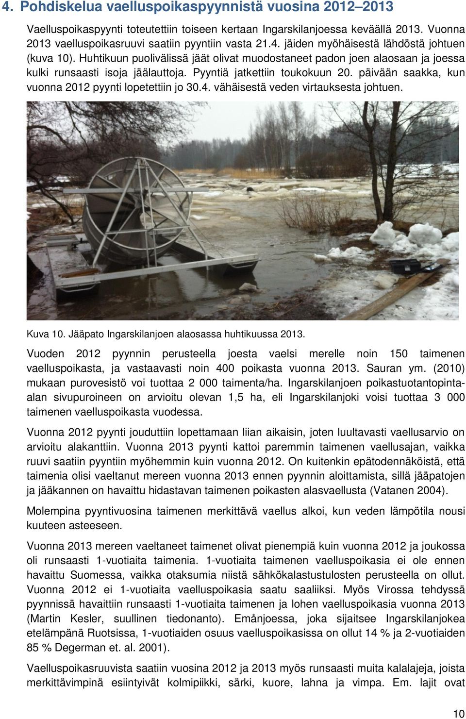 päivään saakka, kun vuonna 2012 pyynti lopetettiin jo 30.4. vähäisestä veden virtauksesta johtuen. Kuva 10. Jääpato Ingarskilanjoen alaosassa huhtikuussa 2013.