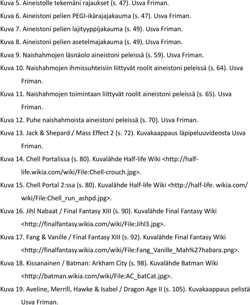 64). Usva Friman. Kuva. Naishahmojen toimintaan liittyvät roolit aineistoni peleissä (s. 65). Usva Friman. Kuva 2. Puhe naishahmoista aineistoni peleissä (s. 7). Usva Friman. Kuva 3.