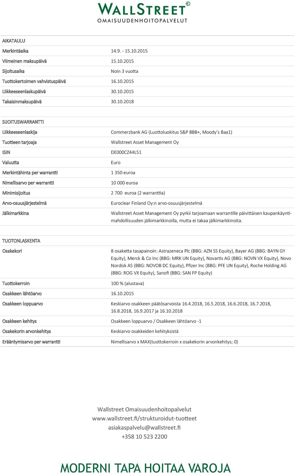 (Luottoluokitus S&P BBB+, Moody s Baa1) Wallstreet Asset Management Oy DE000CZ44L51 Euro 1 350 euroa 10 000 euroa 2 700 euroa (2 warranttia) Euroclear Finland Oy:n arvo-osuusjärjestelmä Wallstreet