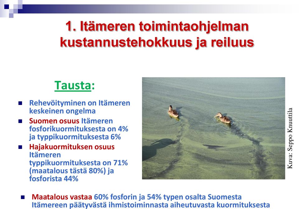 Suomen osuus Itämeren fosforikuormituksesta on 4% ja typpikuormituksesta 6% Hajakuormituksen osuus Itämeren